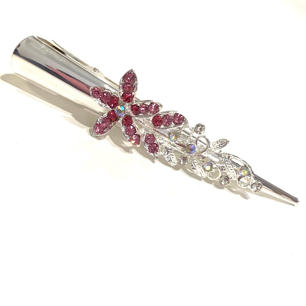 Updo Alligator Hair Clip Silver Tone Pink Fuchsia Flower